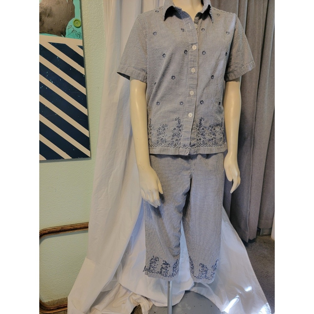 Y2KVtg Erika gingham Seersucker‎ Embroidered Capri Pants & Blouse Matching Outf